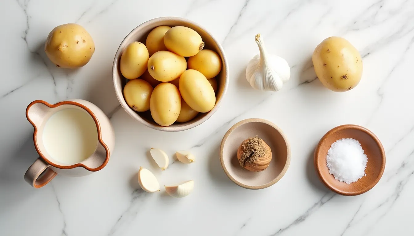 Ingrédients pour la recette gratin dauphinois disposés sur un plan de travail en marbre : pommes de terre Charlotte, crème entière, ail frais et noix de muscade entière avec râpe