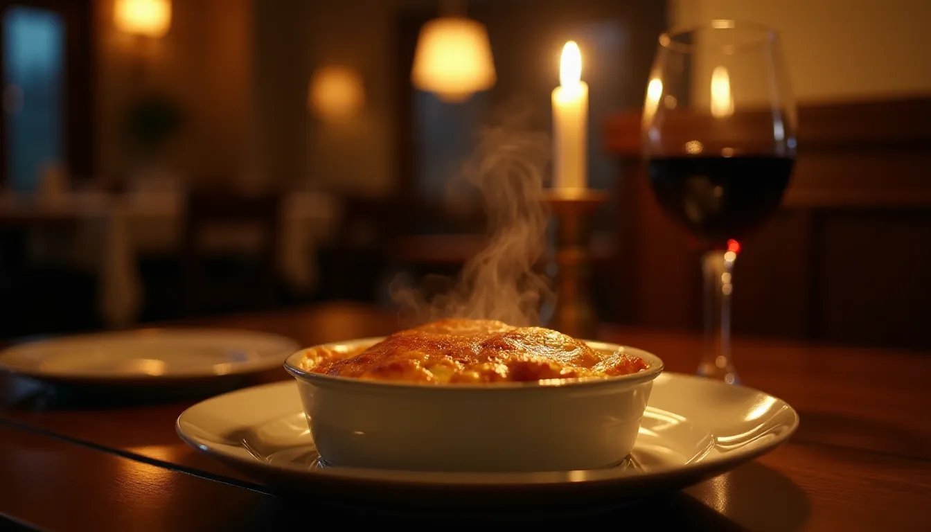 Portion généreuse de gratin dauphinois fumant servie dans une assiette blanche sur une table de bistrot éclairée aux bougies, évoquant l'ambiance conviviale d'un repas en famille à la française