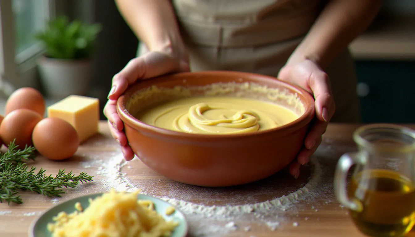Mains préparant la pâte à cake salé dans un bol en céramique entouré d'ingrédients frais disposés sur un plan de travail en bois fariné