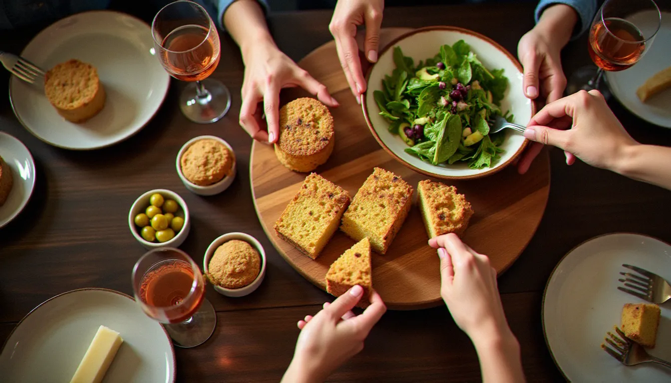 Vue de dessus d'un repas convivial avec un plateau de cakes salés variés au centre de la table, entouré de salade, cornichons et verres de rosé avec des mains tendues vers les tranches