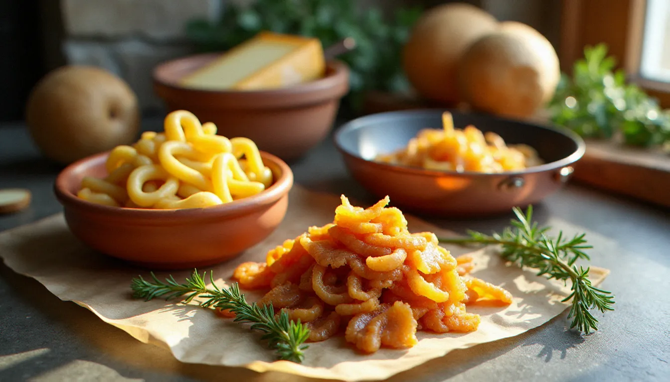 Ingrédients pour la croziflette recette disposés sur un plan de travail en pierre : crozets au sarrasin, reblochon AOP à croûte orangée, lardons fumés et oignons caramélisés dans une poêle en cuivre