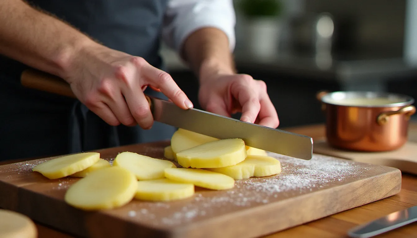 Un cuisinier tranche finement des pommes de terre à la mandoline pour préparer un gratin dauphinois, avec une casserole de crème chauffante en arrière-plan dans une cuisine de restaurant