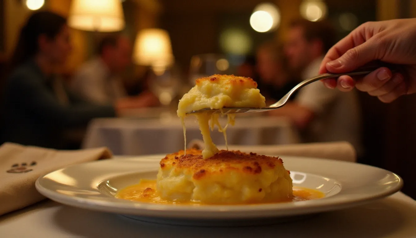 Une part généreuse de gratin dauphinois servie dans l'assiette dans une salle de bistrot français éclairée aux bougies, ambiance chaleureuse du soir avec nappes en lin et verres à vin