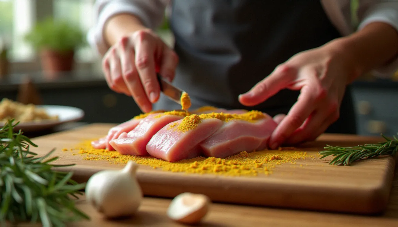 Mains d'un cuisinier enduisant des morceaux de lapin de moutarde à l'ancienne sur une planche à découper en bois dans une cuisine de bistrot