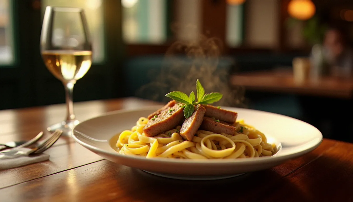 Assiette généreuse de lapin braisé en sauce crème accompagné de tagliatelles fraîches maison avec un verre de vin blanc dans un restaurant lillois