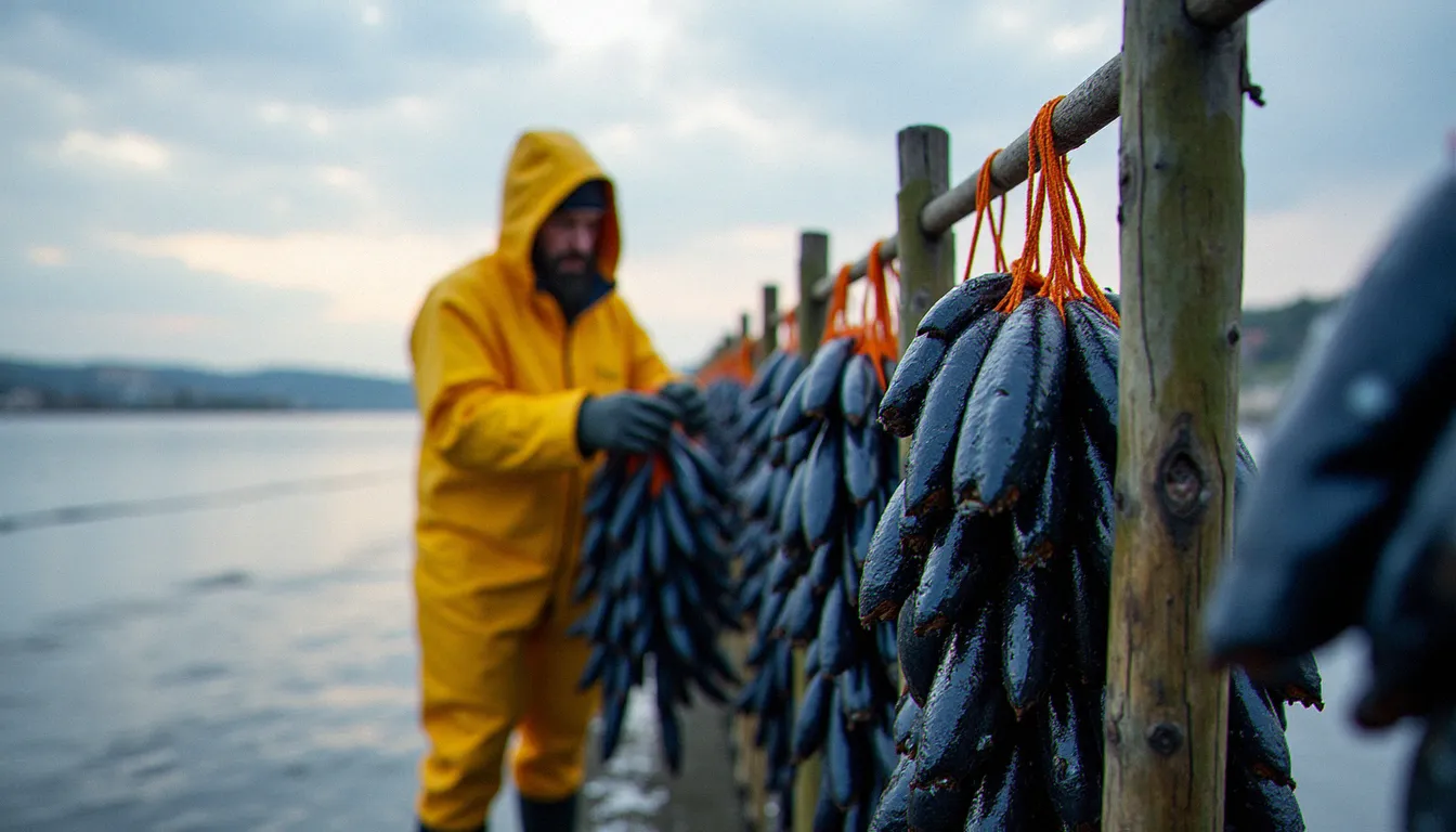 Mytiliculteur en ciré jaune récoltant des moules de bouchot sur des pieux en bois à marée basse dans une baie française à l'aube