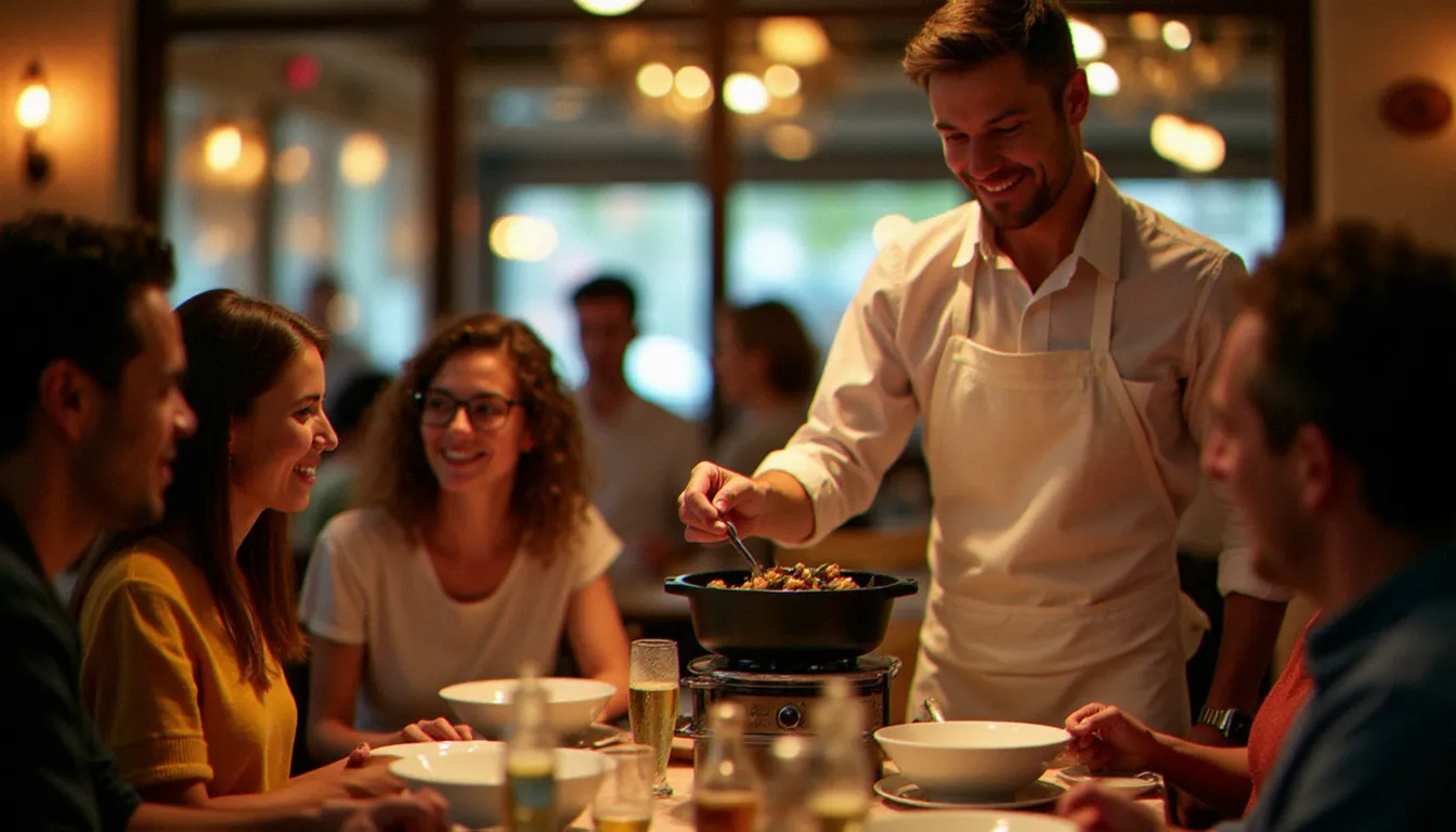 Serveur versant le bouillon de moules marinières d'une cocotte en fonte dans des bols blancs pour des convives joyeux dans un bistrot français chaleureux et animé