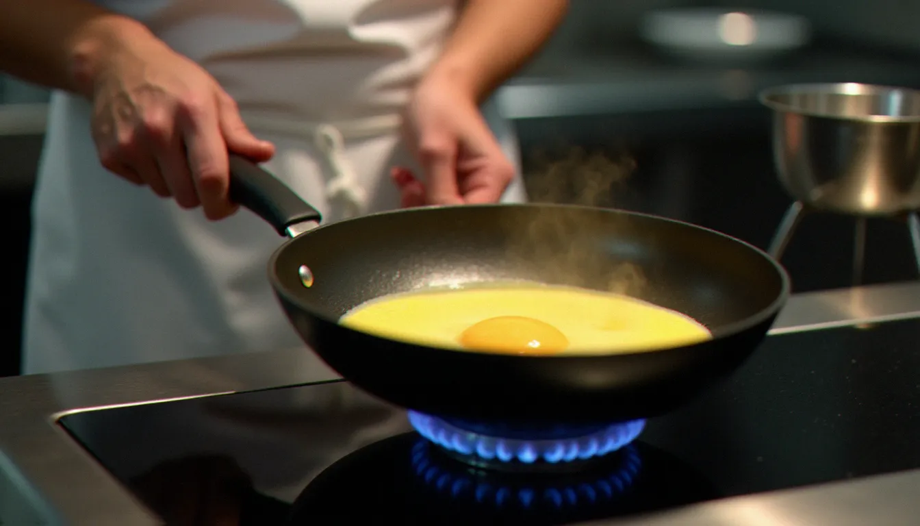 Un cuisinier en tablier blanc inclinant une poêle antiadhésive sur le feu pour cuire une omelette, les œufs battus commençant à prendre sur les bords