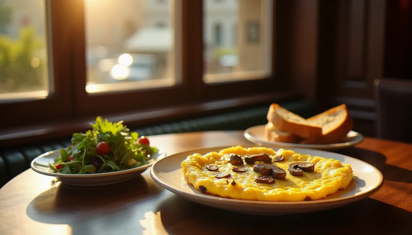 Une omelette aux champignons sauvages dorée dans un cadre de bistrot français au déjeuner, accompagnée d'une salade de mâche à l'huile de noix et de tranches de pain au levain grillé