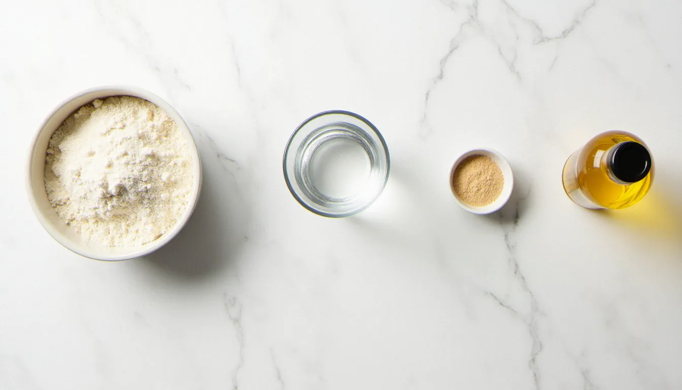 Vue aérienne des ingrédients de la pâte à pizza disposés sur un marbre blanc : farine T00, eau tiède, sel, levure sèche et huile d'olive