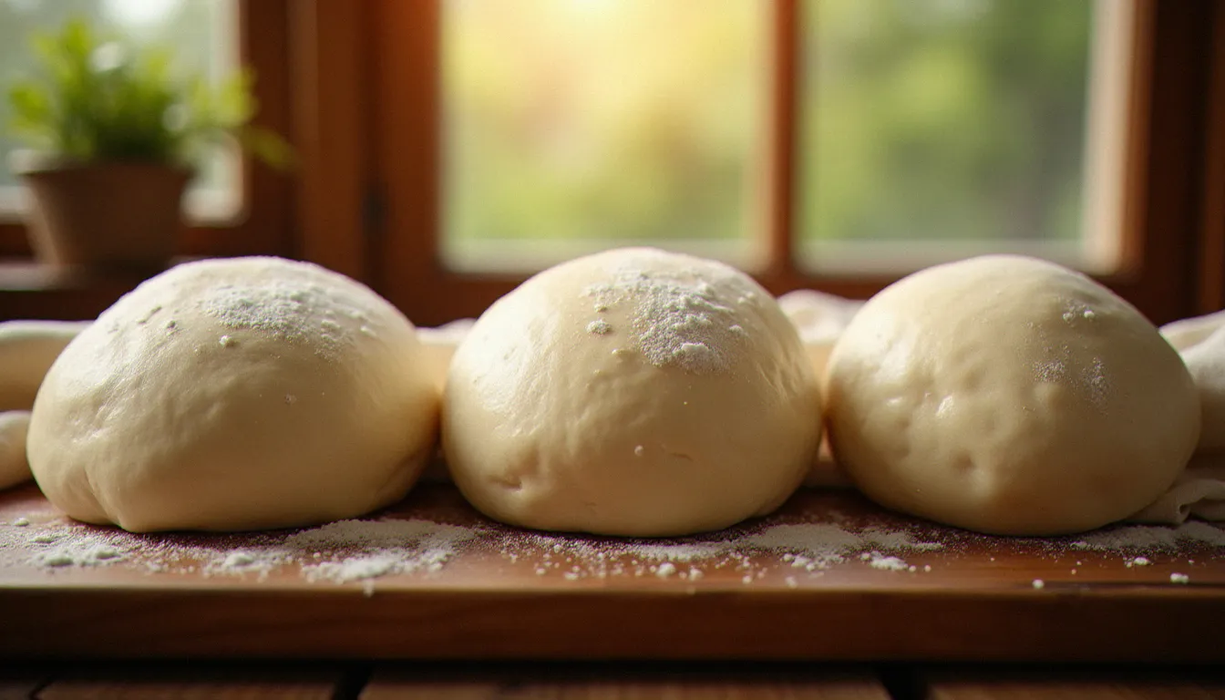 Trois pâtons de pâte à pizza d'épaisseurs différentes en train de lever sur une planche en bois rustique, recouverts d'un torchon en lin dans une cuisine de bistrot