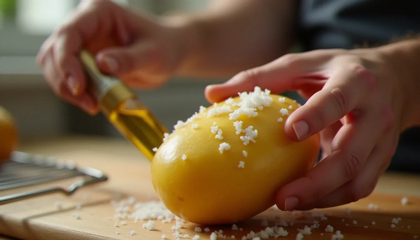 Mains de cuisinier frottant une pomme de terre crue avec du gros sel et de l'huile d'olive avant une cuisson au four, sur un plan de travail en bois