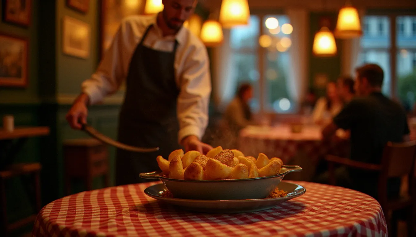 Salle de bistrot lillois en soirée, un serveur dépose une assiette avec une pomme de terre au four fumante sur une table à nappe à carreaux, atmosphère chaleureuse