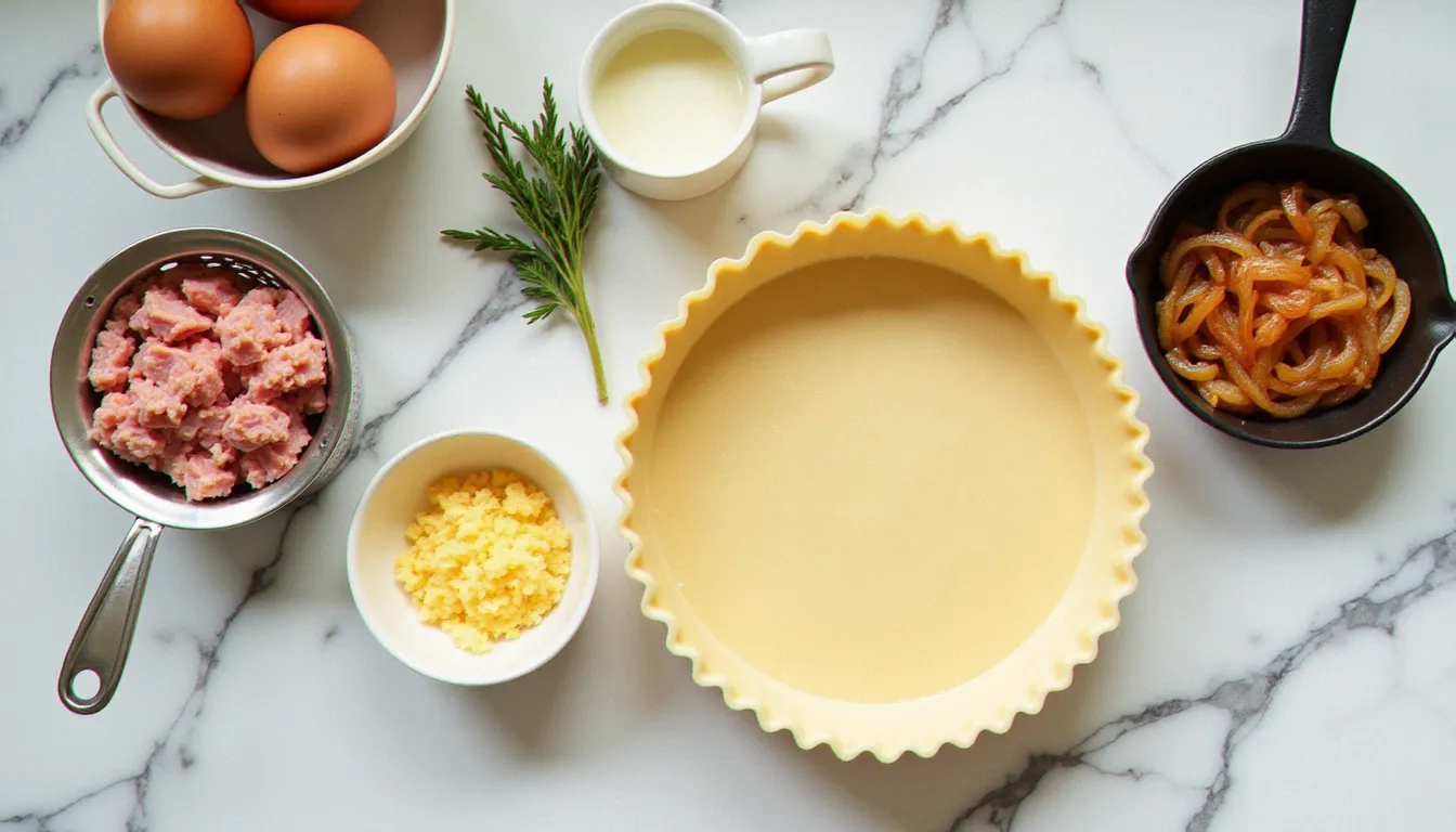 Ingrédients de la quiche au thon disposés sur un plan de travail en marbre : thon égoutté, œufs frais, crème, comté râpé, oignons caramélisés et fond de pâte brisée non cuit