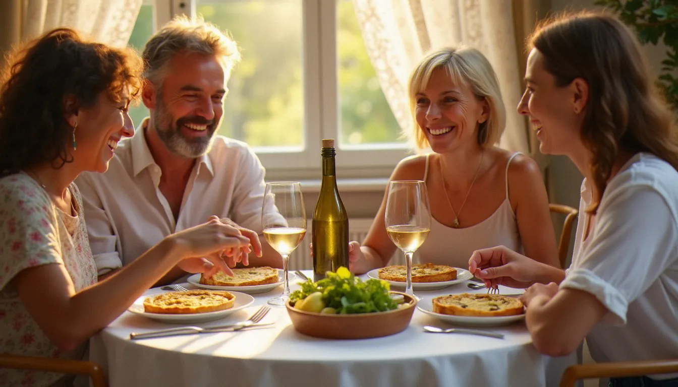 Famille française multigénérationnelle partageant une quiche au thon coupée en parts autour d'une table de bistrot avec salade verte et carafe de vin blanc
