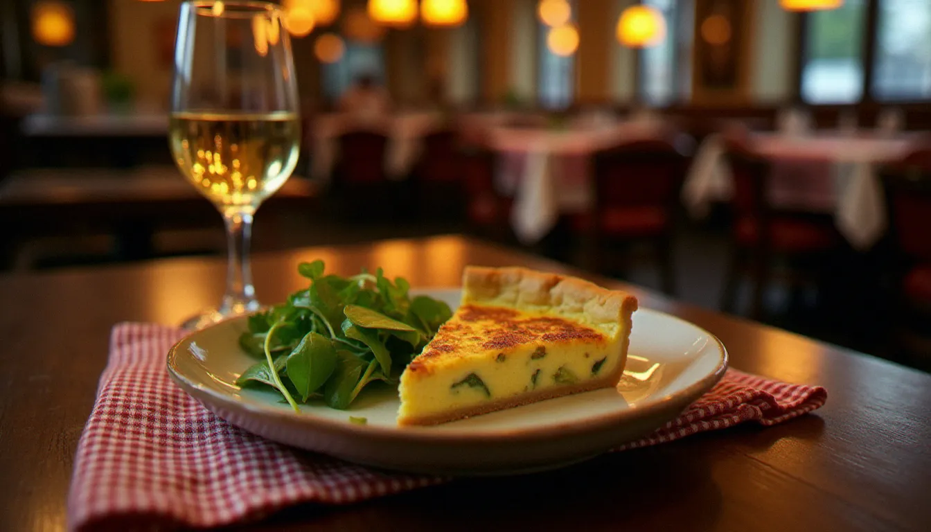 Part de quiche aux poireaux au maroilles servie dans un bistrot nordiste avec une salade verte et un verre de vin blanc, ambiance chaleureuse de salle de restaurant