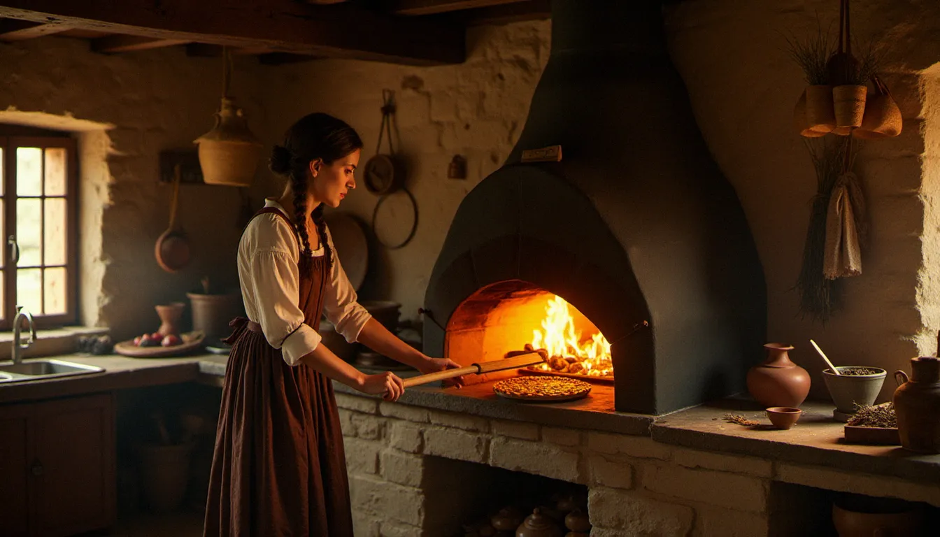 Reconstitution d'une cuisine lorraine du XVIe siècle avec une femme sortant une quiche d'un four en pierre, évoquant les origines historiques et rustiques du plat