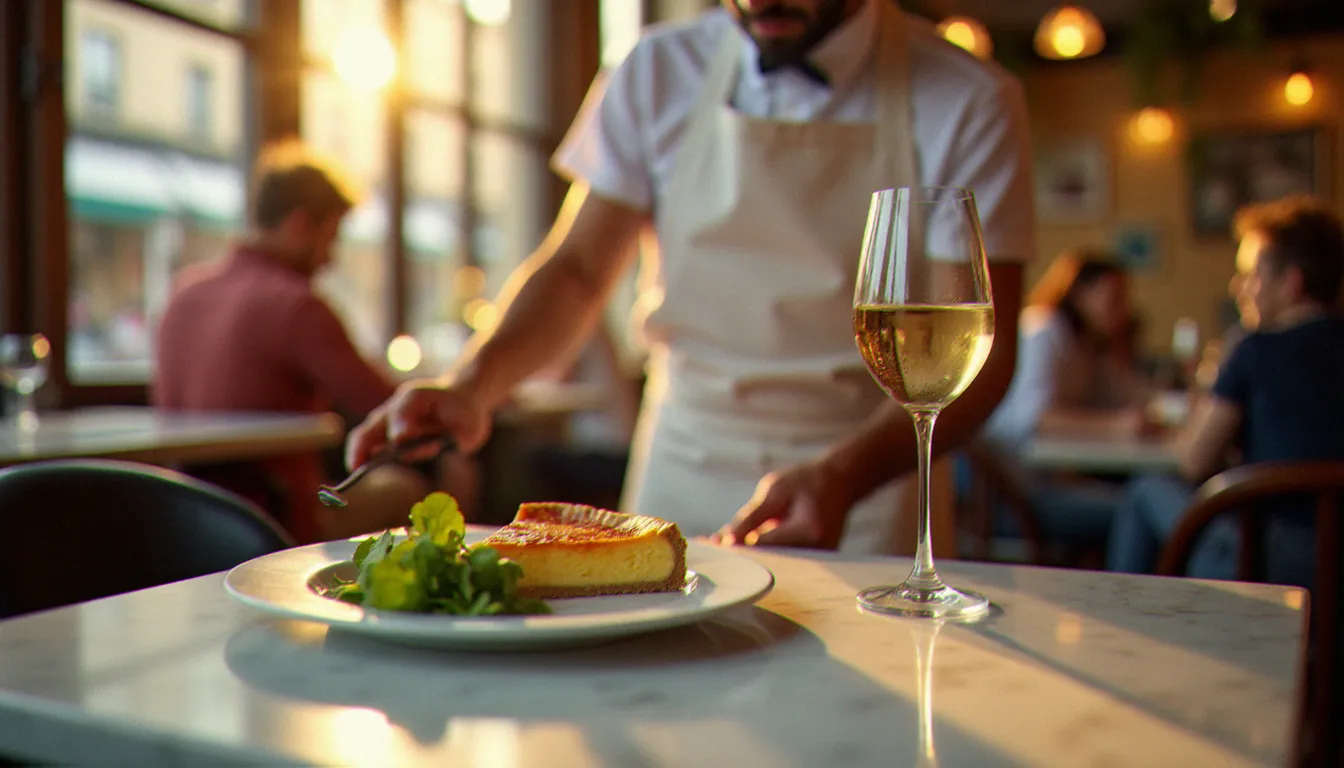 Service d'une part de quiche dorée accompagnée d'une salade verte et d'un verre de vin blanc dans un bistrot français animé à l'heure du déjeuner