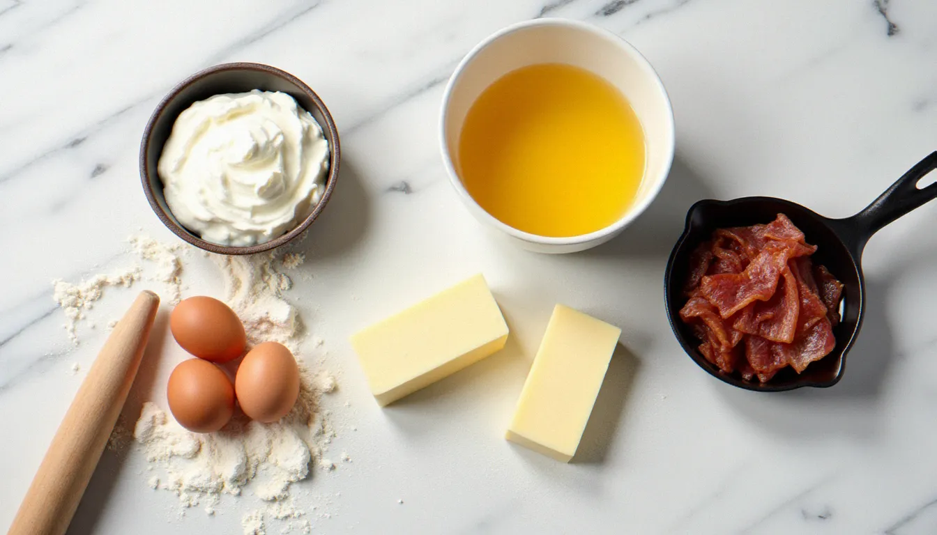 Ingrédients de la quiche lorraine recette disposés sur un plan de travail en marbre : beurre froid en dés, œufs entiers, crème fraîche épaisse dans un bol et lardons fumés dans une petite poêle
