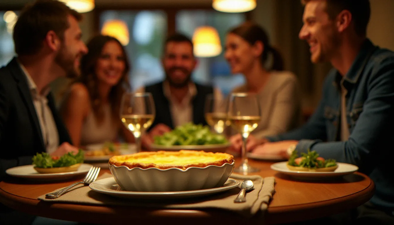 Scène de repas convivial dans un bistrot français avec une quiche lorraine dorée posée au centre de la table entourée d'une salade verte et de verres de vin blanc alsacien