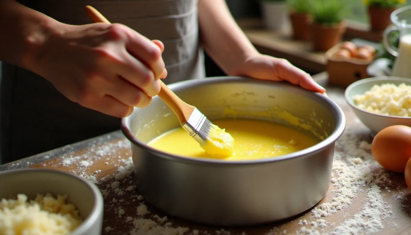 Préparation du moule beurré recouvert de parmesan râpé sur un plan de travail en bois pour réaliser une quiche sans pate maison