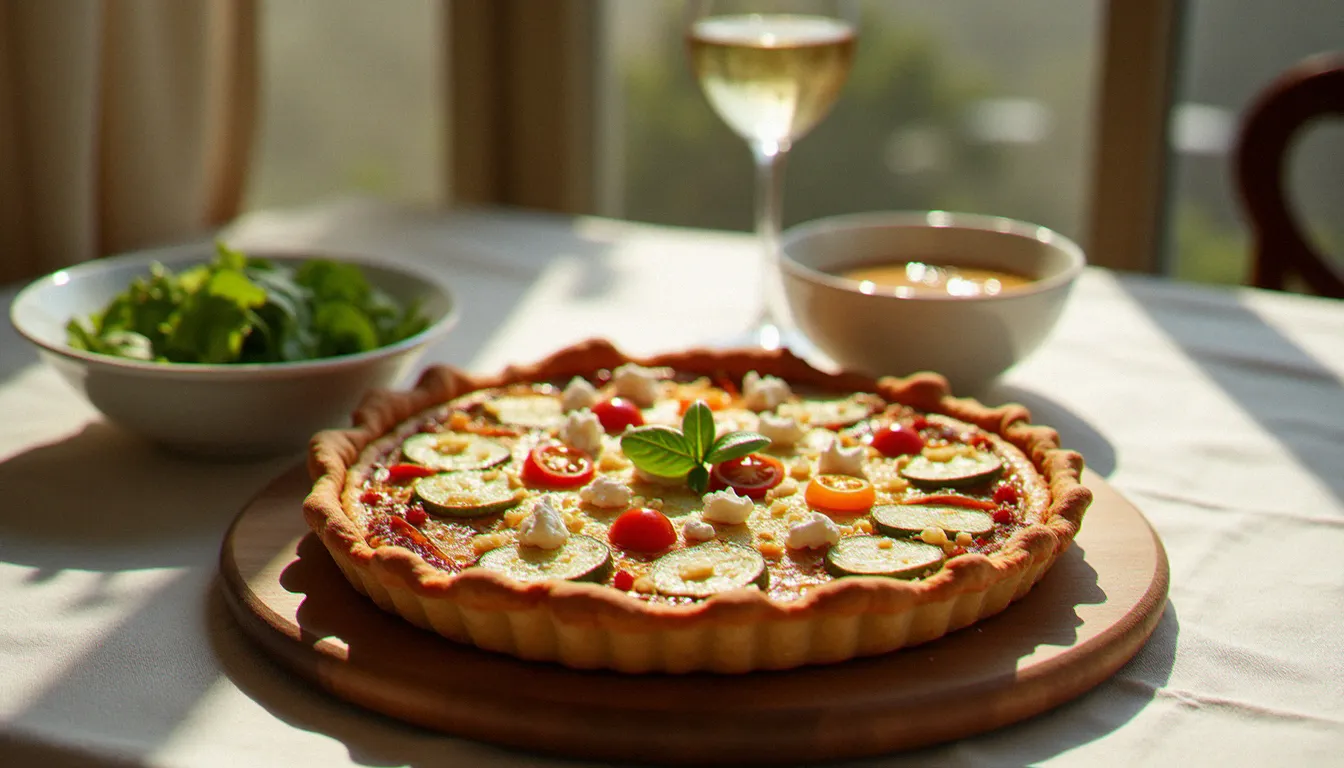 Quiche sans pate aux légumes méditerranéens rôtis, courgettes et feta émiettée servie avec une salade verte dans un bistrot français ensoleillé