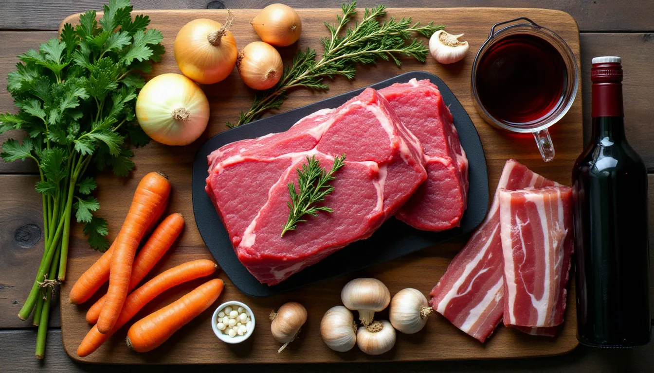 Vue de dessus des ingrédients bruts pour une recette boeuf bourguignon : morceaux de paleron cru, oignons grelots, champignons, carottes, lardons fumés et bouteille de vin rouge de Bourgogne sur un plan de travail rustique