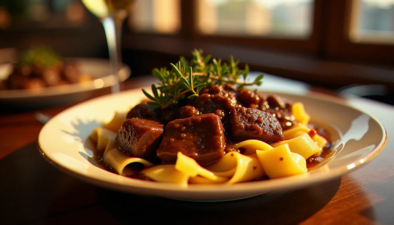 Assiette généreuse de boeuf bourguignon servi avec des tagliatelles fraîches dans un bistrot chaleureux, sauce au vin réduite et brillante sur des morceaux de bœuf fondants, garnie d'un brin de thym frais