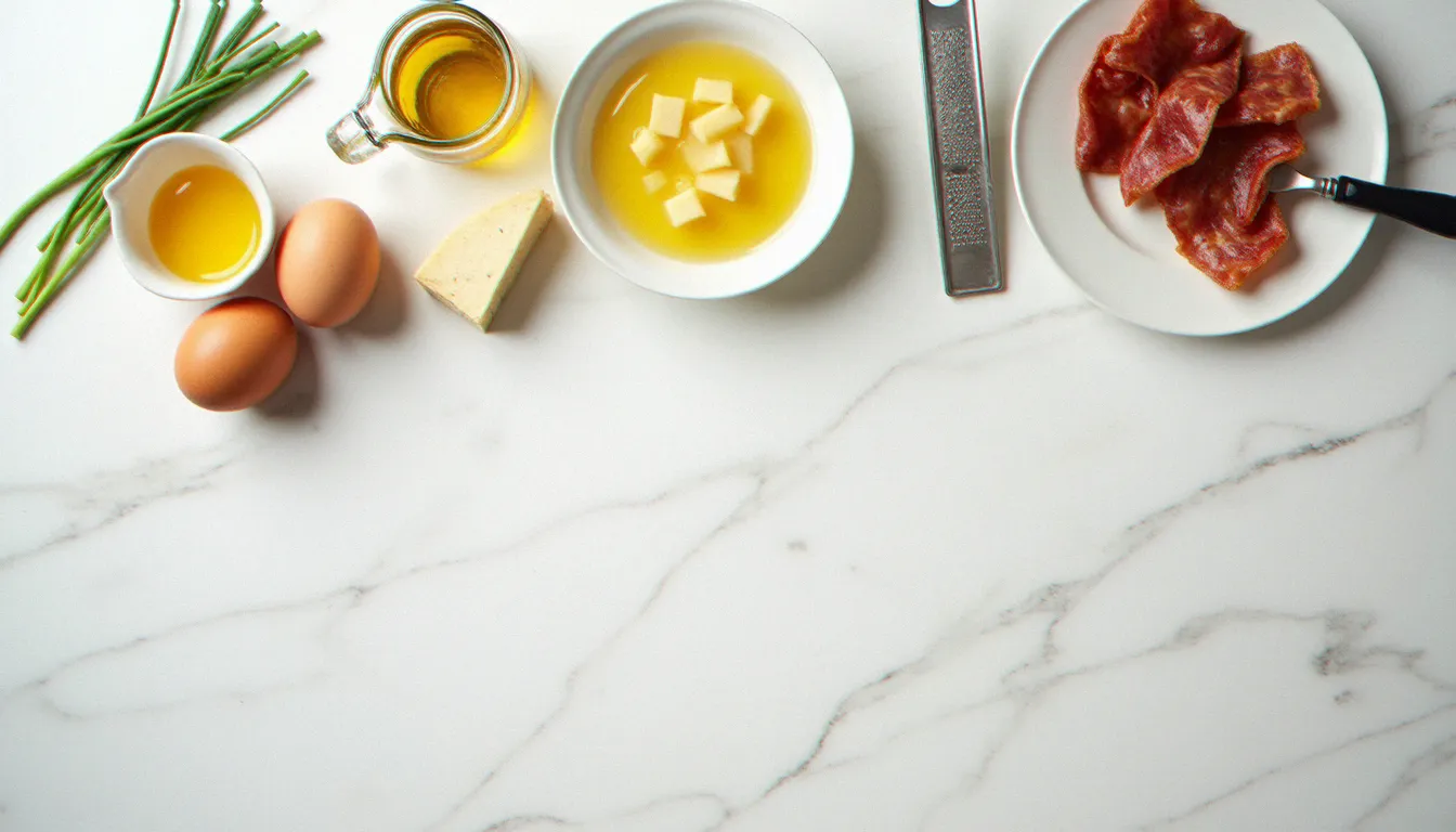 Ingrédients disposés sur un plan de travail en marbre pour une recette cake salé : œufs frais, lardons fumés, comté à râper, moutarde à l'ancienne et herbes fraîches