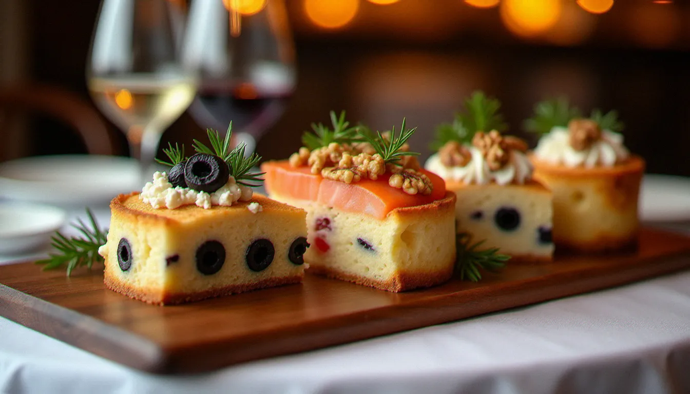 Trois variantes de recette cake salé tranchées sur une planche de service en noyer : olive-feta, saumon-aneth et noix-fourme d'Ambert, photographiées dans l'ambiance chaleureuse d'un bistrot