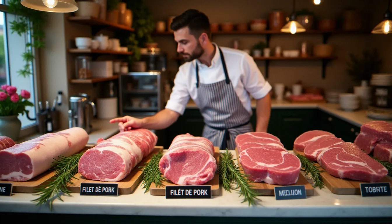 Étal d'une boucherie française traditionnelle présentant différents morceaux de porc pour rôti au four dont l'échine persillée et la longe, boucher en tablier blanc conseillant un client