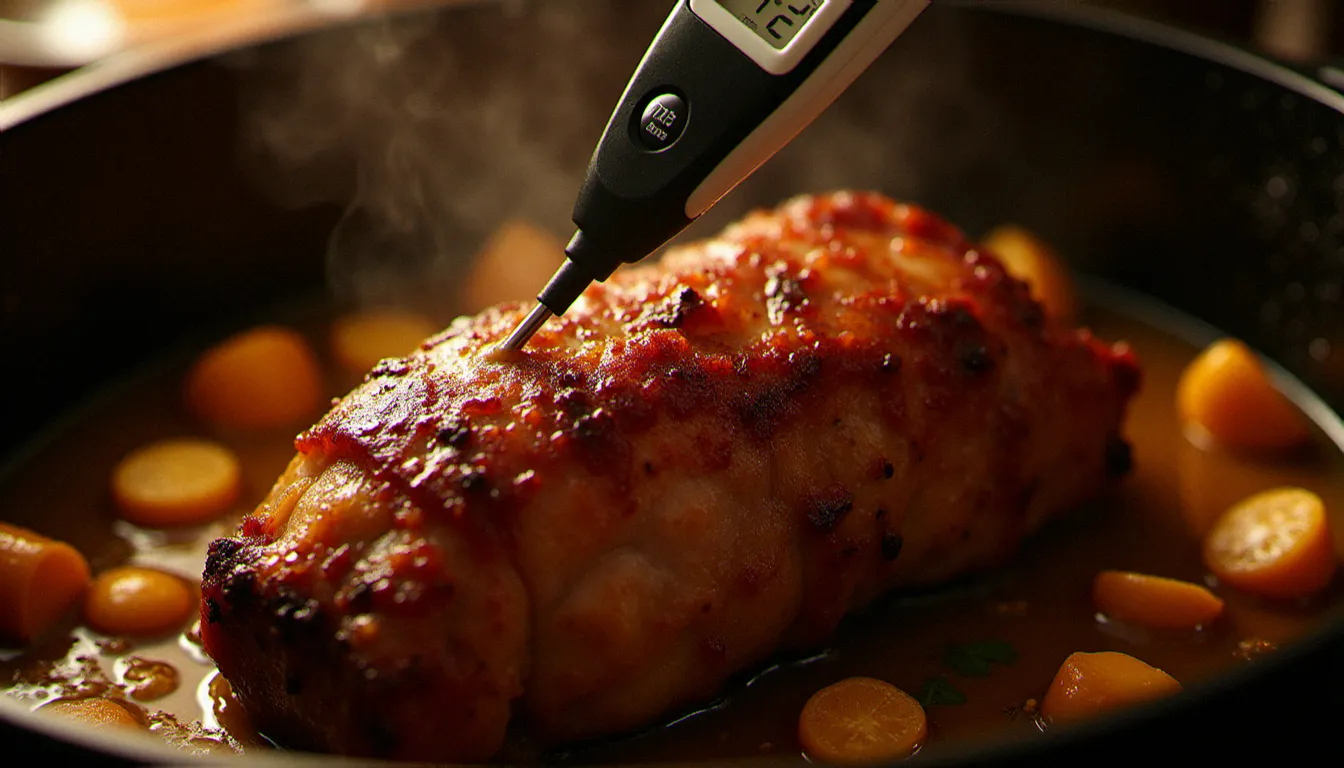 Thermomètre à sonde numérique inséré dans un rôti de porc au four à point dans un plat de cuisson, jus caramélisés et légumes rôtis autour de la viande dorée