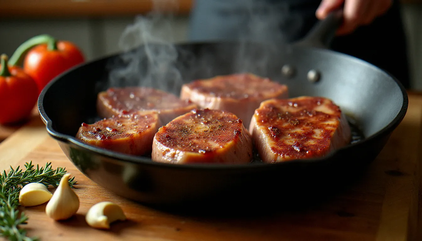Morceaux d'épaule de porc en train d'être dorés à feu vif dans une poêle en fonte pour la préparation d'une saute de porc maison