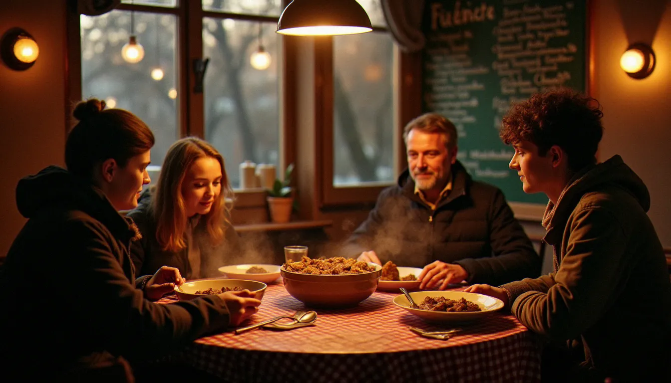 Famille réunie autour d'une table de bistrot du Nord de la France en hiver, partageant une saute de porc fumante dans une salle chaleureuse et conviviale