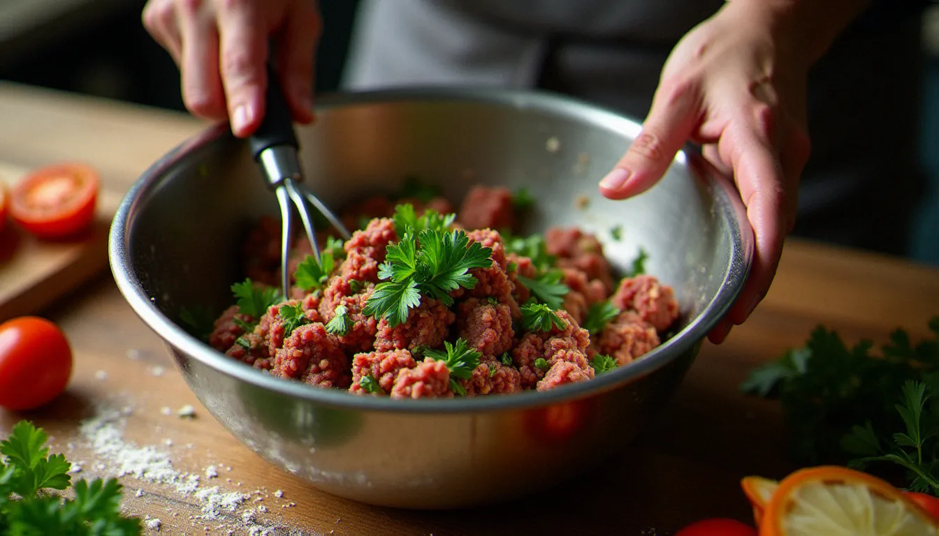 Mains de cuisinier mélangeant une farce rustique à base de viande hachée, ail et persil plat dans un grand bol en inox, surface de travail en bois et tomate coupée en arrière-plan