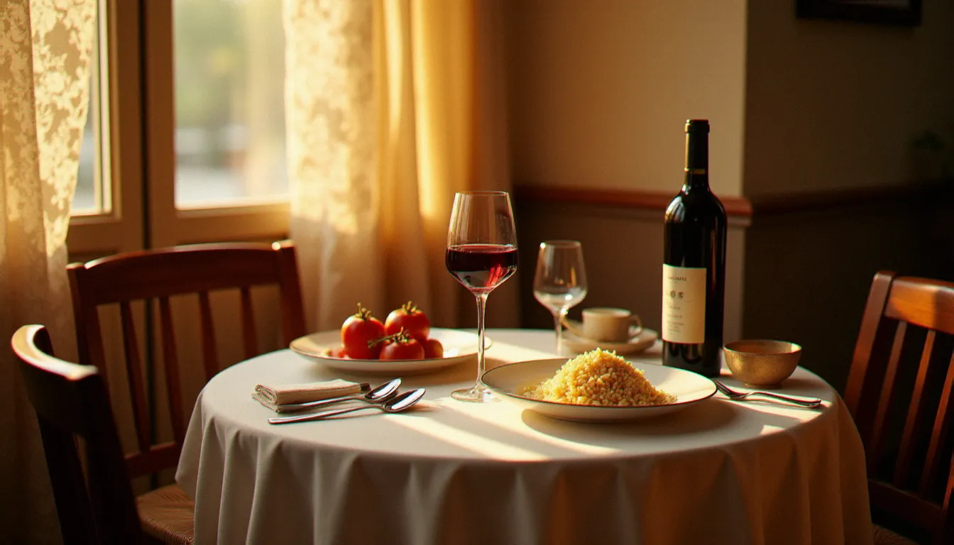 Table de bistrot dressée pour deux avec une assiette de tomates farcies accompagnées de riz pilaf, une carafe de vin rouge et une lumière dorée filtrant à travers des rideaux de dentelle