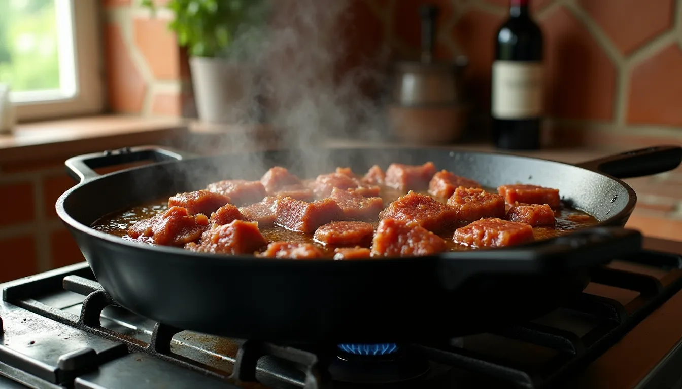 Morceaux de boeuf saisis en petites quantités dans une cocotte en fonte sur feu vif, croûte caramélisée dorée se formant pendant la préparation du boeuf bourguignon dans une cuisine traditionnelle française