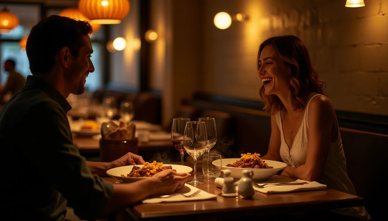 Deux convives partageant un boeuf bourguignon fumant dans la salle chaleureuse d'un bistrot français, lumière dorée des suspensions, carafe de vin rouge et ambiance conviviale du service du soir
