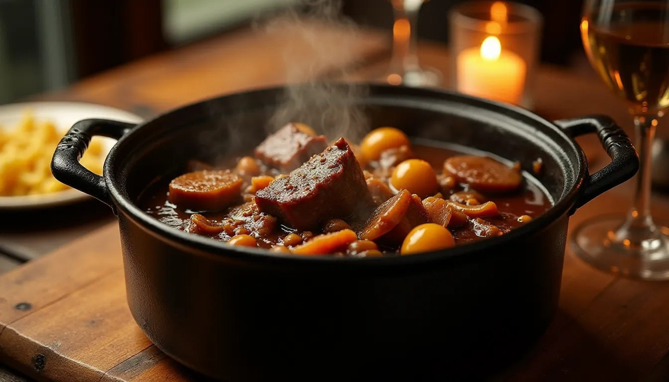 Cocotte en fonte fumante de boeuf bourguignon avec sa sauce au vin rouge profonde, oignons grelots glacés, lardons dorés et champignons, posée sur une table de bistrot en bois ciré