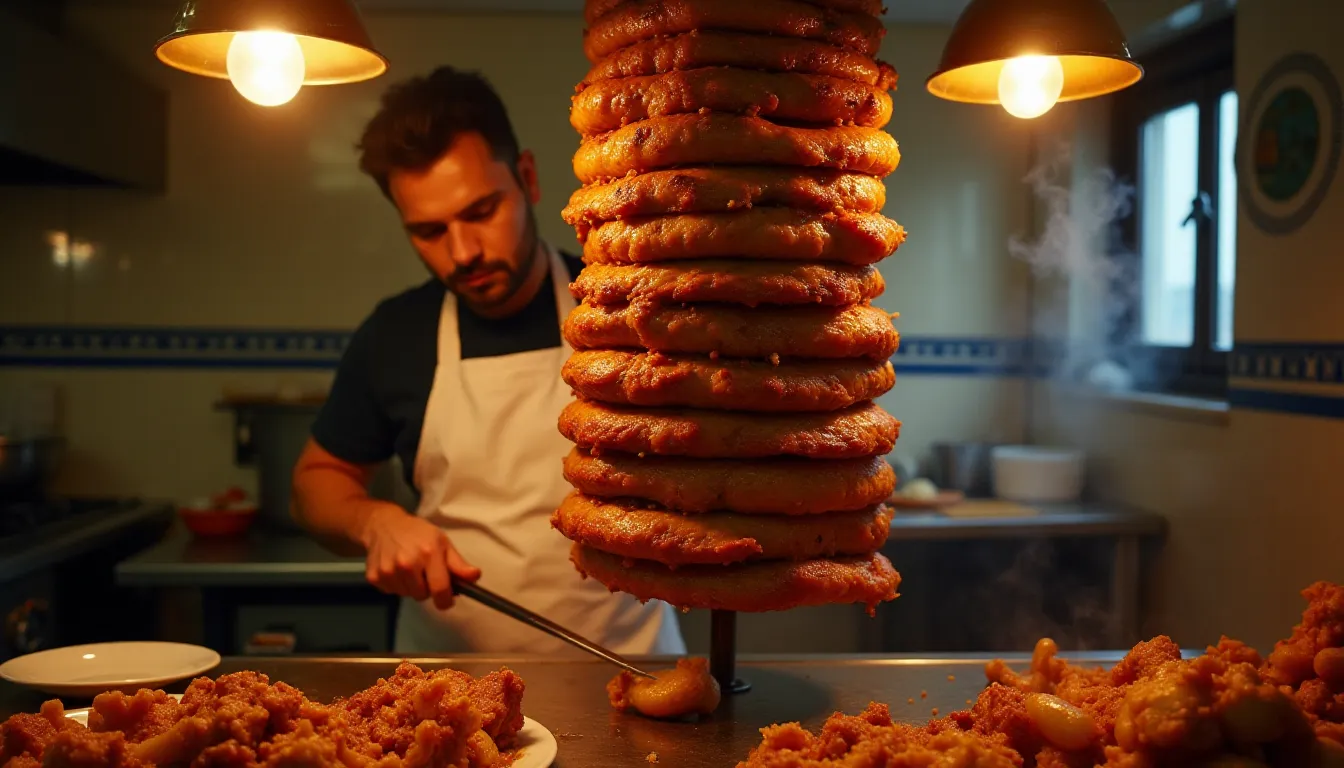 Artisan kebab tranchant à la main la viande dorée d'une broche verticale tournante dans une cuisine traditionnelle aux murs carrelés bleu et blanc