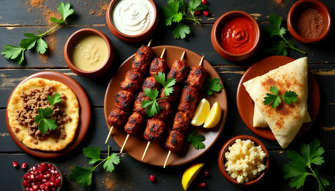 Vue de dessus d'un assortiment de déclinaisons internationales de kebab — shish, adana, lahmacun — présentées sur une table en bois sombre avec bols de sauces, herbes fraîches et grenade