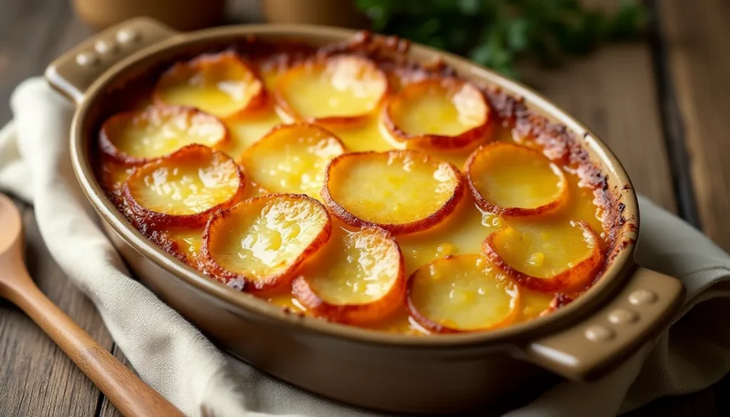 Gratin dauphinois maison doré et crémeux dans un plat en céramique rustique sorti du four, incarnant la recette gratin dauphinois traditionnelle dans toute sa générosité