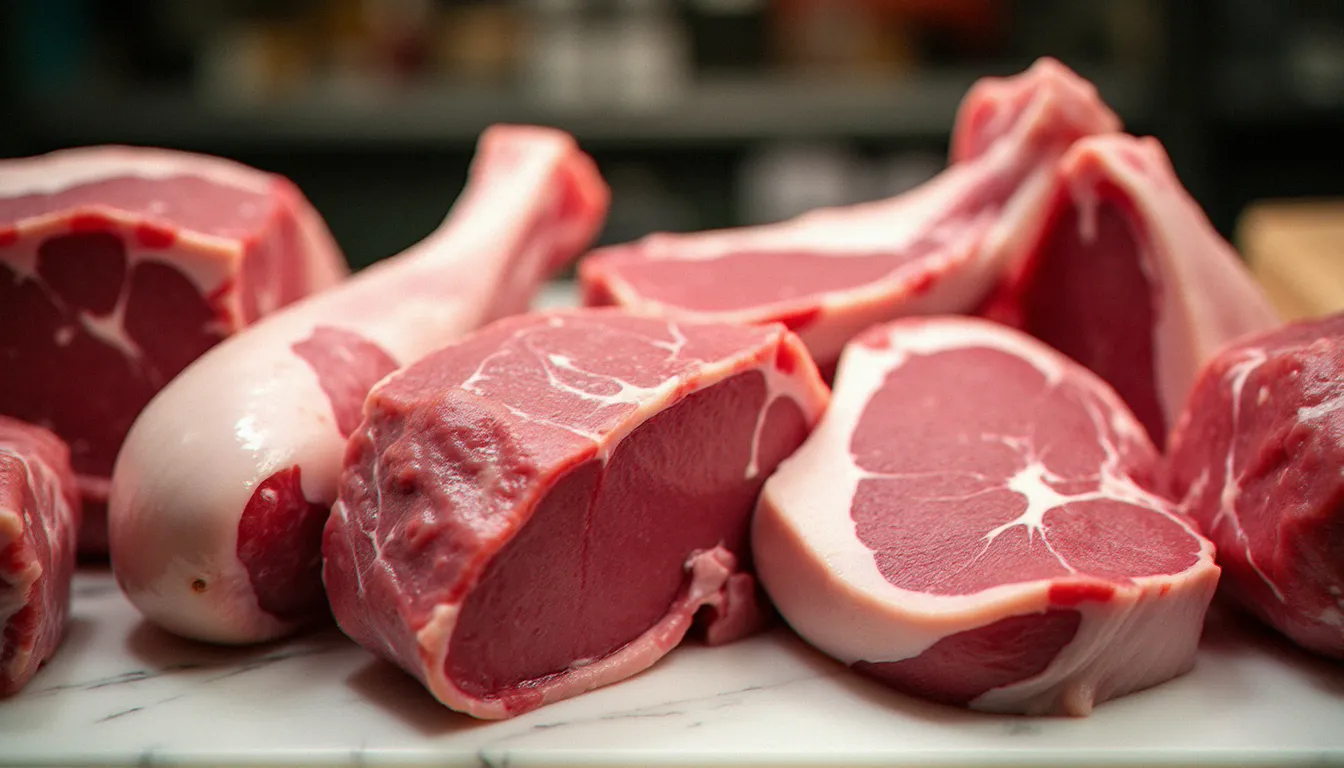 Différentes découpes d'agneau frais sur le marbre d'un boucher artisanal français — gigot, épaule et côtelettes avec leur gras naturel