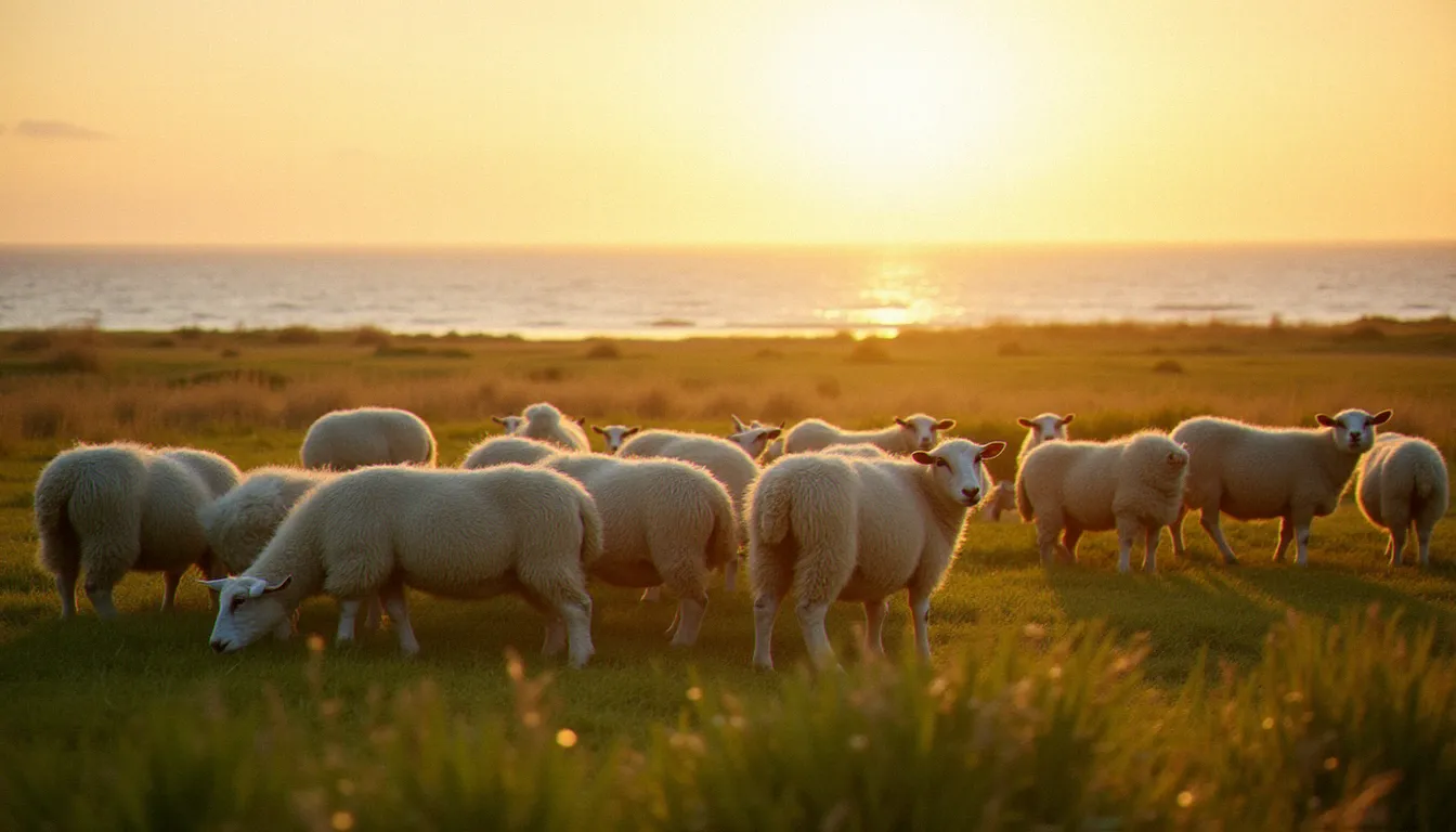 Troupeau de moutons paissant sur les prés-salés normands au coucher du soleil, terroir d'origine de l'agneau de pré-salé AOP de France
