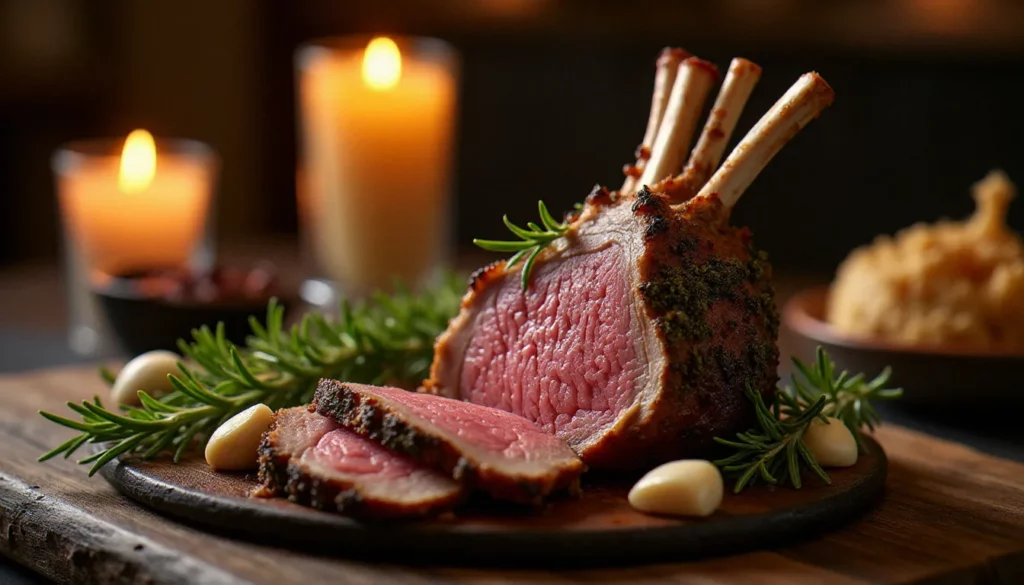 Carré d'agneau rôti avec croûte dorée aux herbes et romarin frais, servi sur une planche en bois dans un bistrot français chaleureux