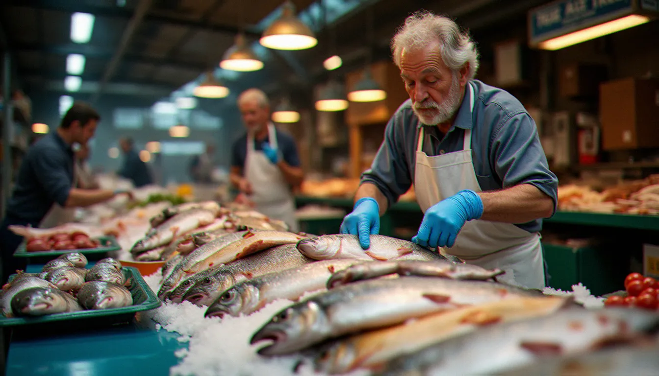 Poissonnier professionnel arrangeant des bars frais sur un étal de marché couvert avec glace pilée, démonstration des critères de fraîcheur et qualité du bar