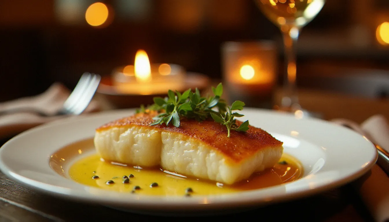 Filet de bar rôti en peau dorée servi dans un bistrot français chaleureux avec sauce beurre citron et câpres, ambiance lumineuse de restaurant de quartier