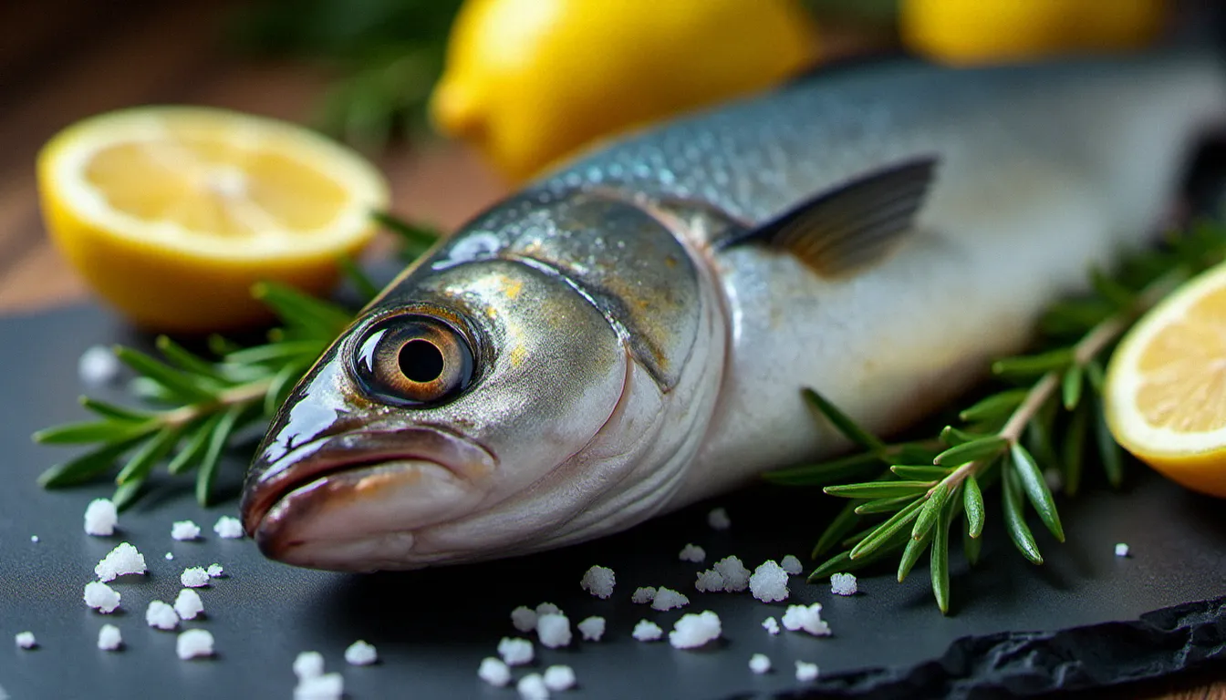Bar entier frais sur ardoise avec citron et herbes aromatiques, illustrant la qualité et le bar prix au kilo dans une cuisine de bistrot