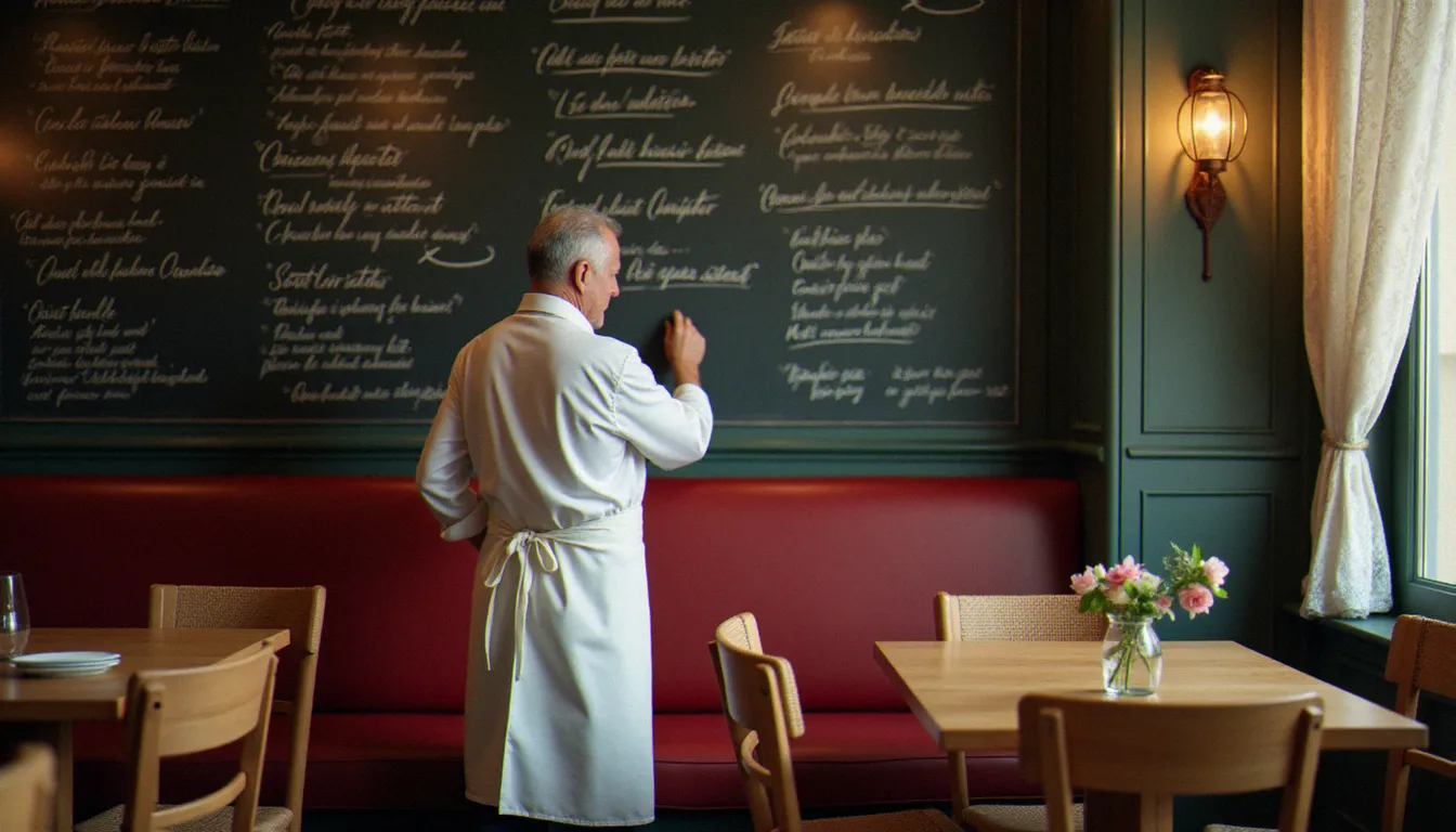 Patron de bistrot en tablier blanc rédigeant l'ardoise du jour dans la salle lumineuse d'un petit restaurant de quartier lillois