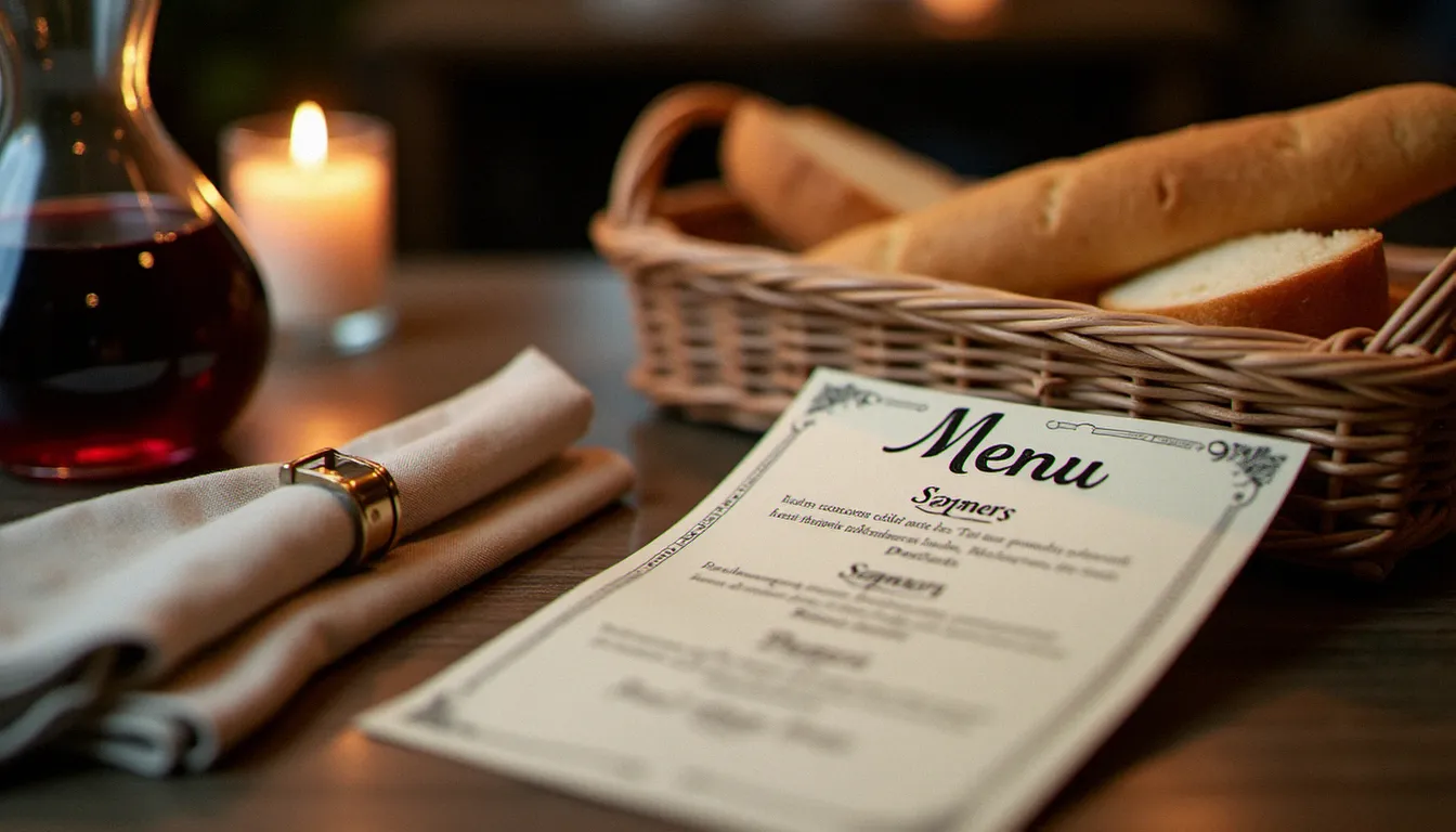 Carte resserrée d'un petit bistrot de quartier posée sur une table en bois patiné, accompagnée d'une carafe de vin rouge et d'un panier de pain dans une atmosphère intimiste à la bougie